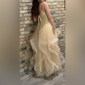 Champagne - Gold tulle long prom dress formal dress